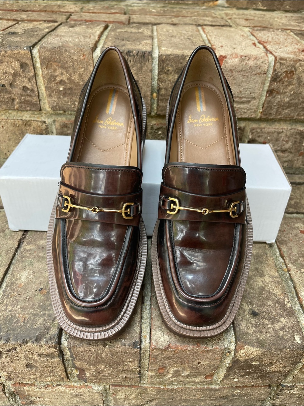 Sam Edelman Brown Lug Sole Horsebit Loafers Glossy Platform Shoes Women’s 8.5 - Picture 1 of 16